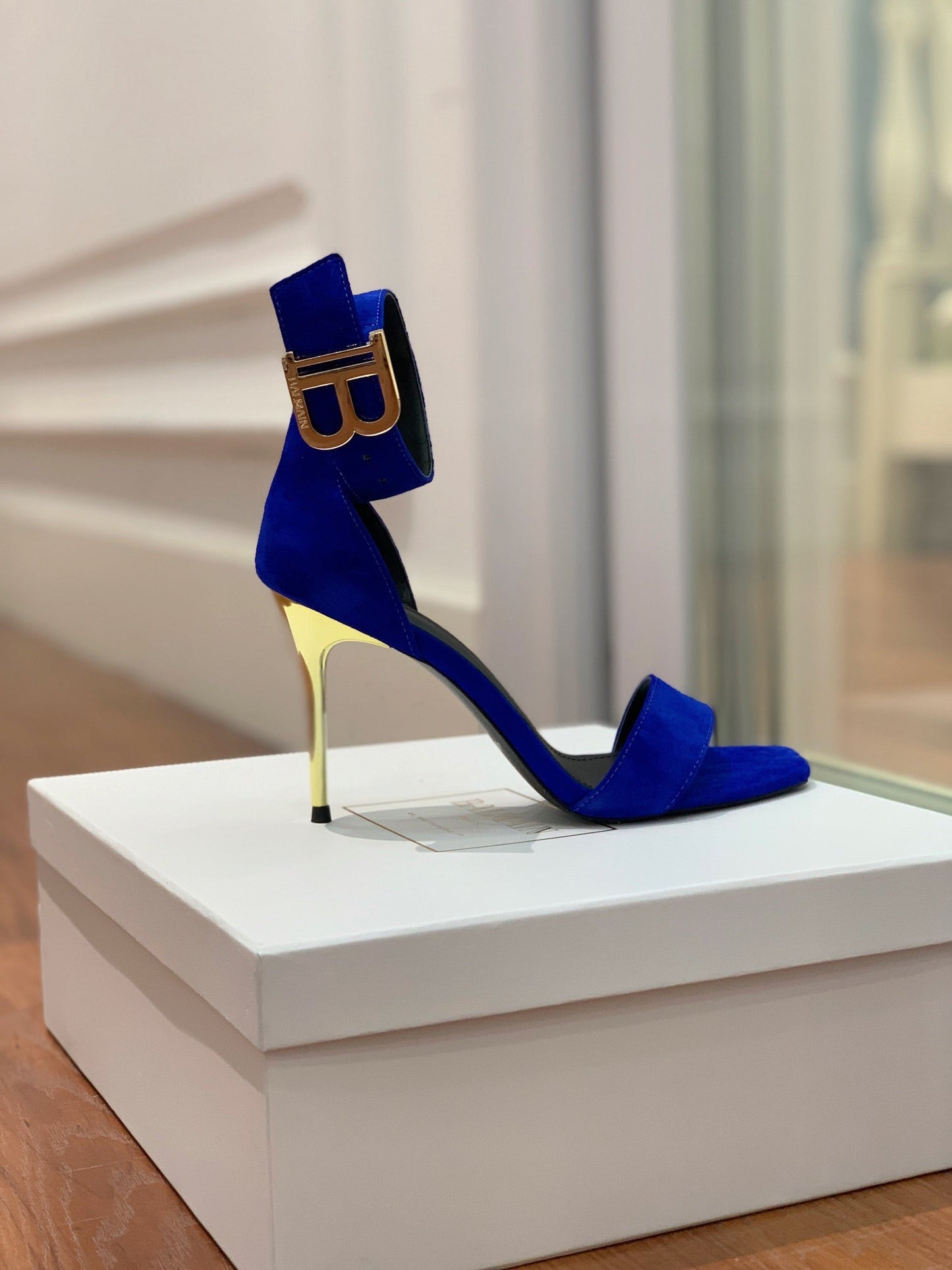 BALMAIN 25S THIN STRAP HIGH HEELS 105MM IN DARK BLUE SUEDE GOLD HARDWARE