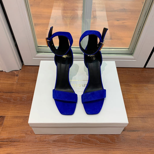 BALMAIN 25S THIN STRAP HIGH HEELS 105MM IN DARK BLUE SUEDE GOLD HARDWARE
