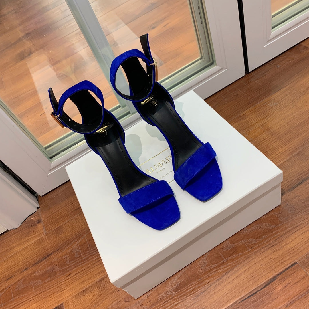 BALMAIN 25S THIN STRAP HIGH HEELS 105MM IN DARK BLUE SUEDE GOLD HARDWARE