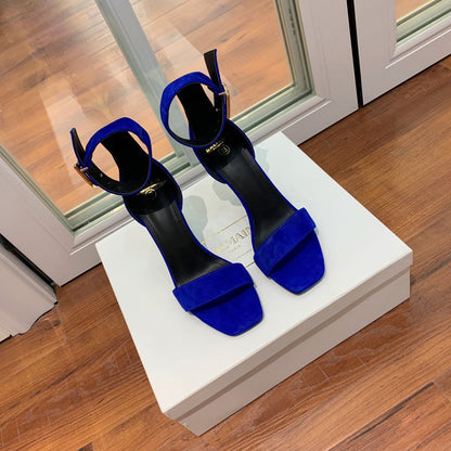 BALMAIN 25S THIN STRAP HIGH HEELS 105MM IN DARK BLUE SUEDE GOLD HARDWARE