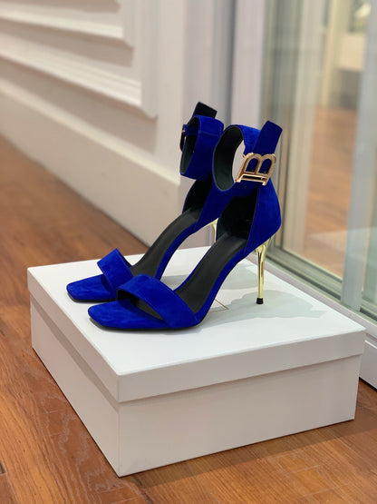 BALMAIN 25S THIN STRAP HIGH HEELS 105MM IN DARK BLUE SUEDE GOLD HARDWARE