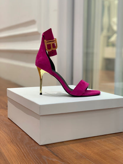 BALMAIN 25S THIN STRAP HIGH HEELS 105MM IN FUCHSIA SUEDE GOLD HARDWARE