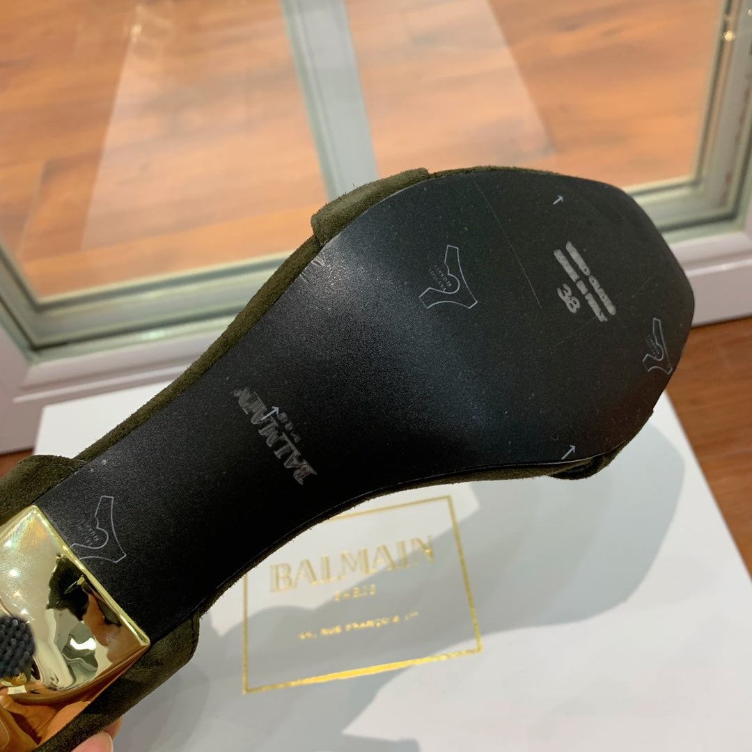 BALMAIN 25S THIN STRAP HIGH HEELS 105MM IN VERY DEEP OLIVE SUEDE GOLD HARDWARE