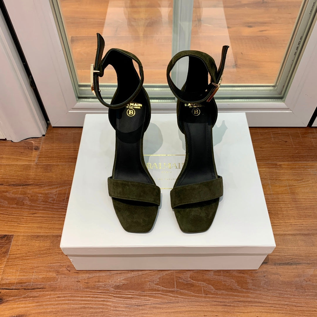 BALMAIN 25S THIN STRAP HIGH HEELS 105MM IN VERY DEEP OLIVE SUEDE GOLD HARDWARE