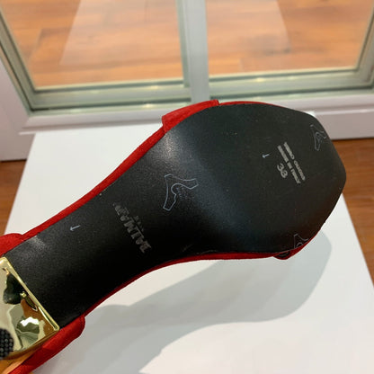 BALMAIN 25S THIN STRAP HIGH HEELS 105MM IN DARK RED SUEDE GOLD HARDWARE