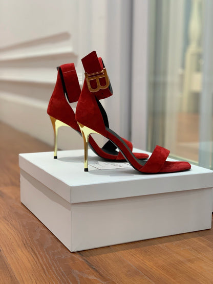 BALMAIN 25S THIN STRAP HIGH HEELS 105MM IN DARK RED SUEDE GOLD HARDWARE