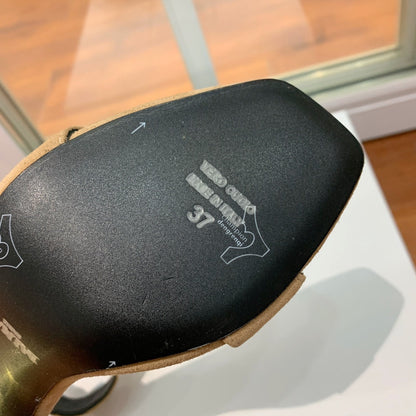 BALMAIN 25S THIN STRAP HIGH HEELS 105MM IN LIGHT MOCHA SUEDE GOLD HARDWARE