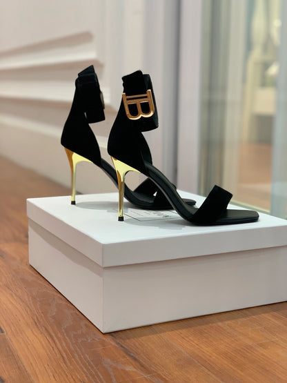 BALMAIN 25S THIN STRAP HIGH HEELS 105MM IN BLACK SUEDE GOLD HARDWARE