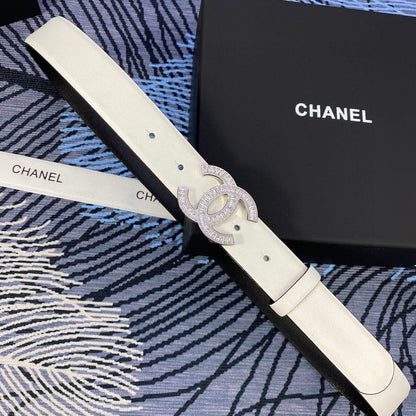 CHANEL 25S BELT 30 MM IN WHITE CALFSKIN WITH SILVER HARDWARE 615098