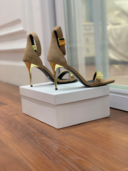 BALMAIN 25S METAL STRAP HIGH HEELS 95MM IN LIGHT BROWN SUEDE GOLD HARDWARE