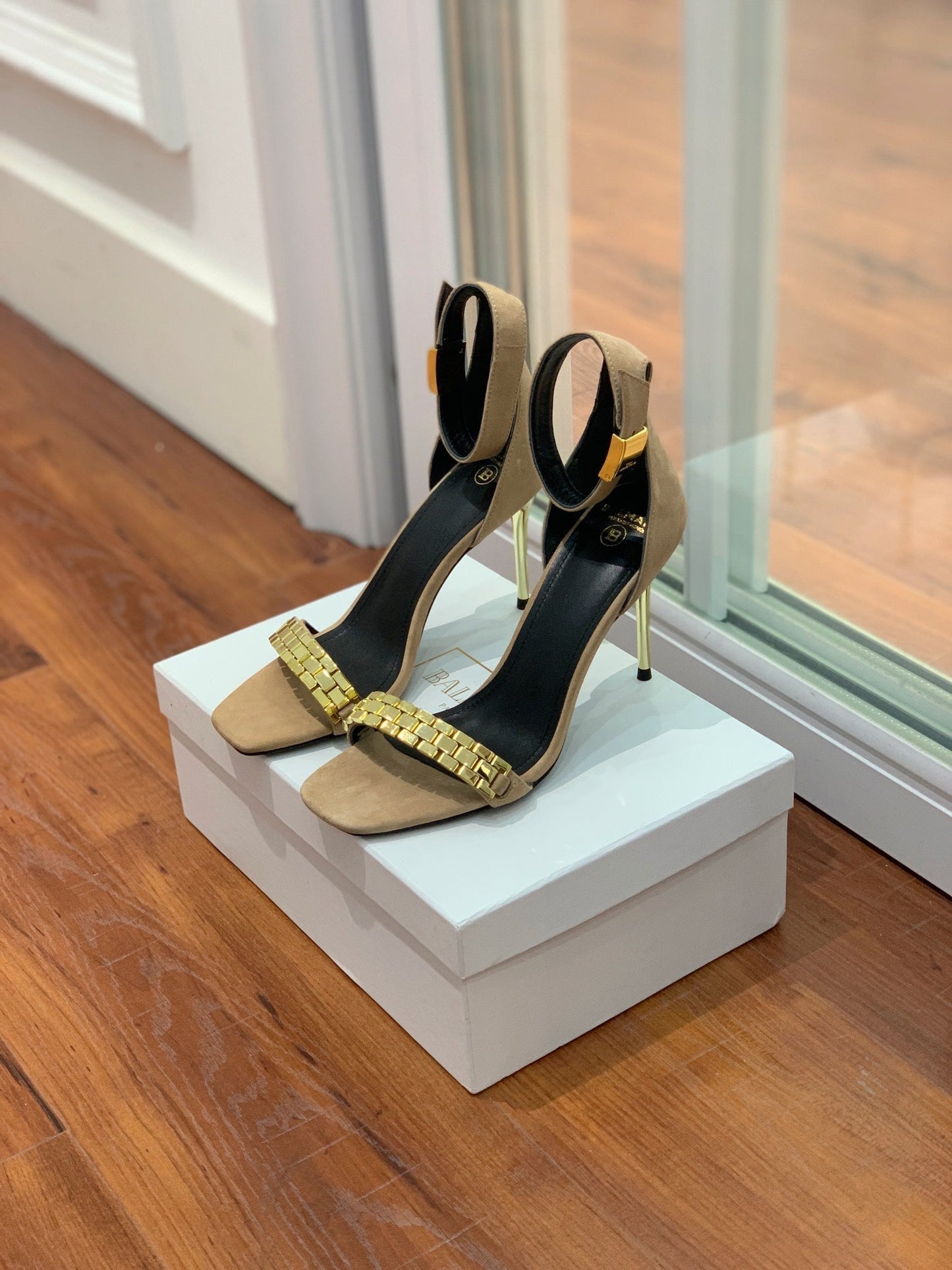 BALMAIN 25S METAL STRAP HIGH HEELS 95MM IN LIGHT BROWN SUEDE GOLD HARDWARE