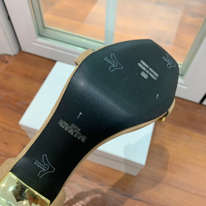 BALMAIN 25S METAL STRAP HIGH HEELS 95MM IN LIGHT BROWN SUEDE GOLD HARDWARE