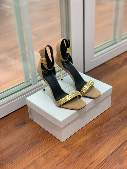 BALMAIN 25S METAL STRAP HIGH HEELS 95MM IN LIGHT BROWN SUEDE GOLD HARDWARE