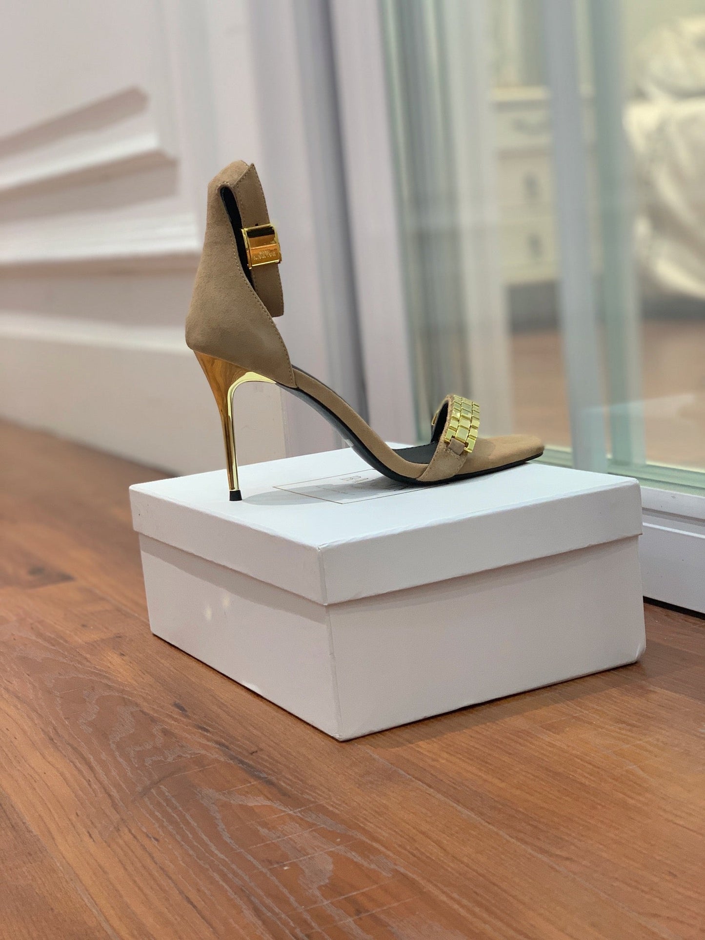 BALMAIN 25S METAL STRAP HIGH HEELS 95MM IN LIGHT BROWN SUEDE GOLD HARDWARE