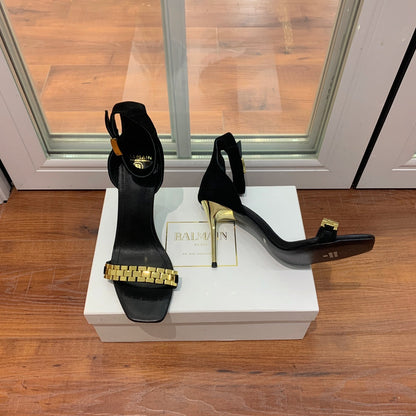 BALMAIN 25S METAL STRAP HIGH HEELS 95MM IN BLACK SUEDE GOLD HARDWARE