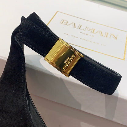 BALMAIN 25S METAL STRAP HIGH HEELS 95MM IN BLACK SUEDE GOLD HARDWARE