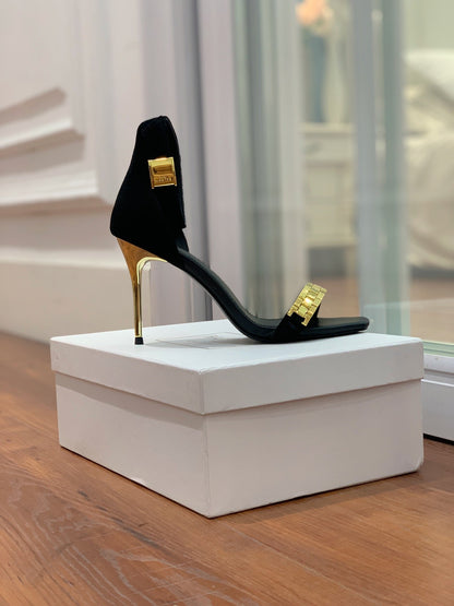 BALMAIN 25S METAL STRAP HIGH HEELS 95MM IN BLACK SUEDE GOLD HARDWARE