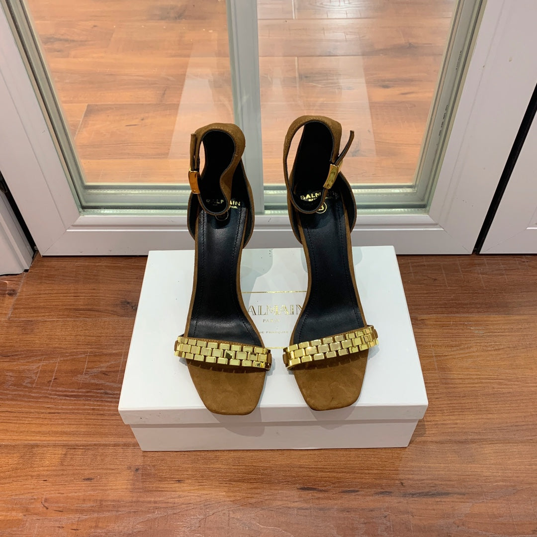 BALMAIN 25S METAL STRAP HIGH HEELS 95MM IN BROWN SUEDE GOLD HARDWARE