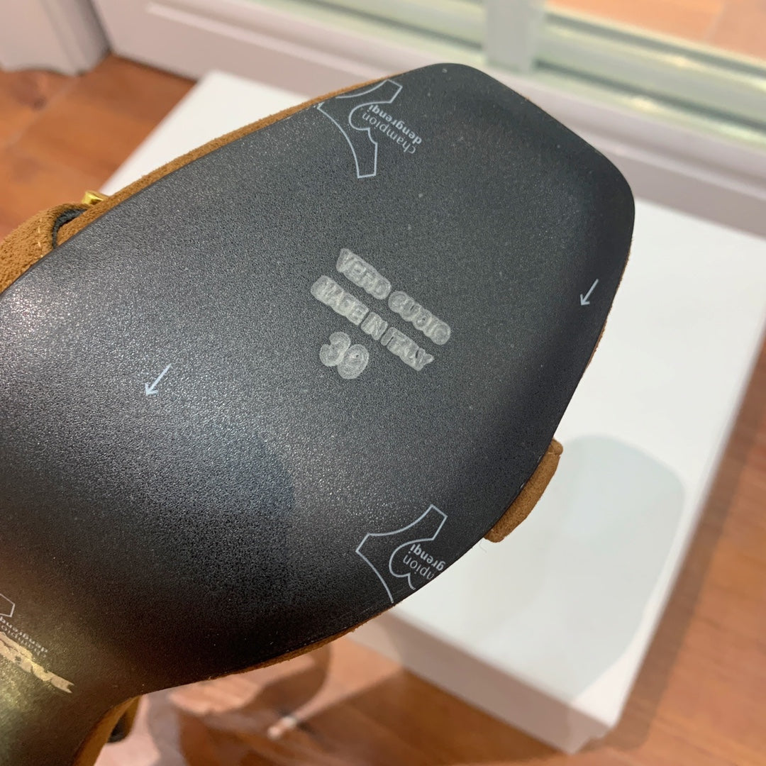 BALMAIN 25S METAL STRAP HIGH HEELS 95MM IN BROWN SUEDE GOLD HARDWARE