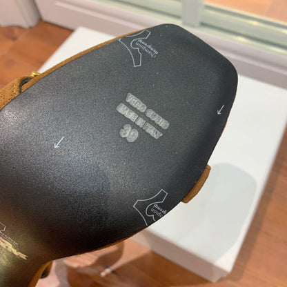 BALMAIN 25S METAL STRAP HIGH HEELS 95MM IN BROWN SUEDE GOLD HARDWARE