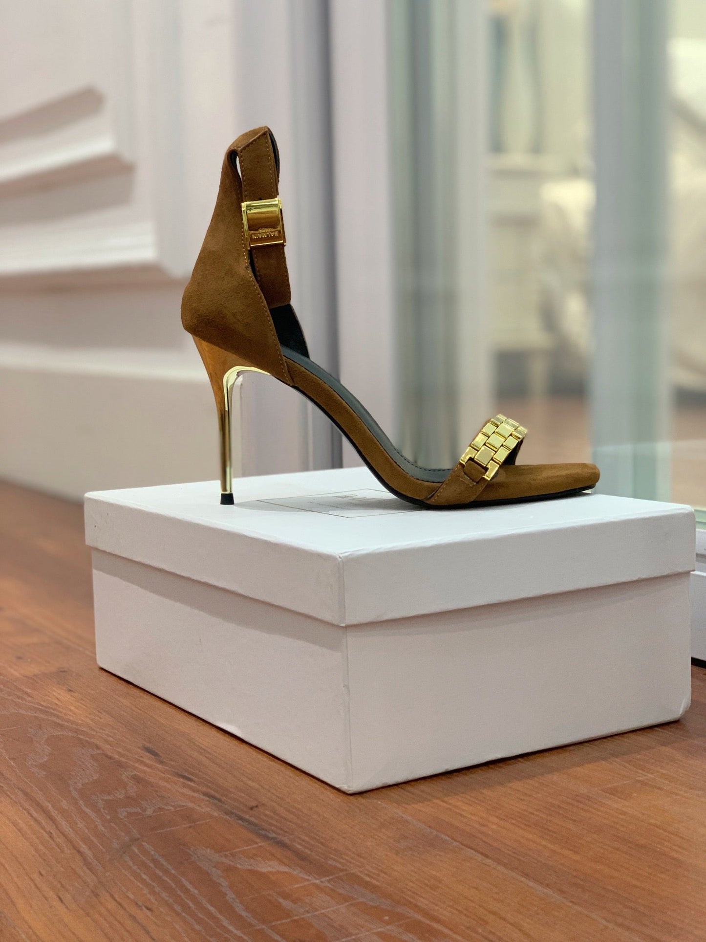 BALMAIN 25S METAL STRAP HIGH HEELS 95MM IN BROWN SUEDE GOLD HARDWARE