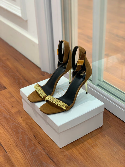 BALMAIN 25S METAL STRAP HIGH HEELS 95MM IN BROWN SUEDE GOLD HARDWARE