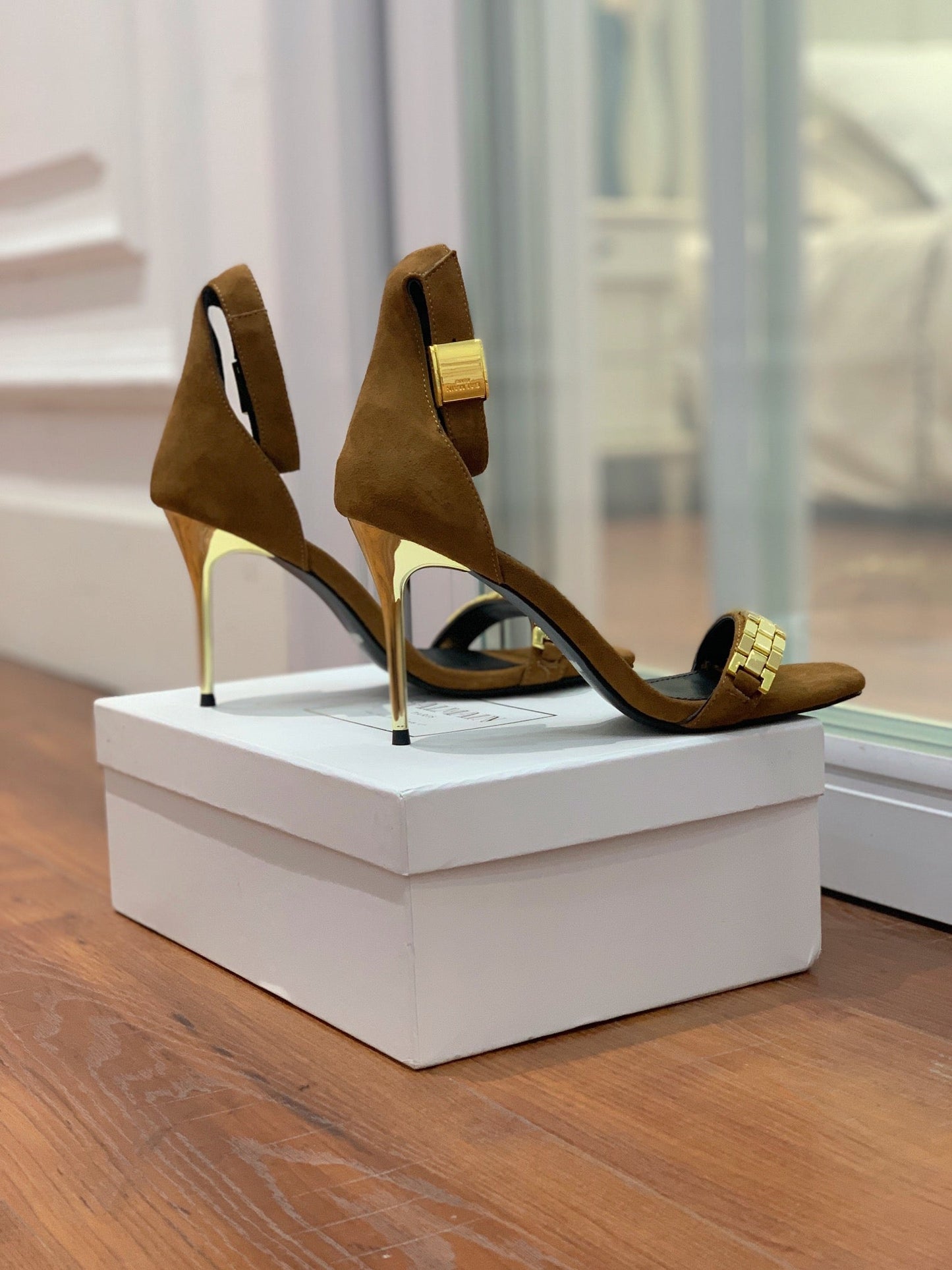 BALMAIN 25S METAL STRAP HIGH HEELS 95MM IN BROWN SUEDE GOLD HARDWARE