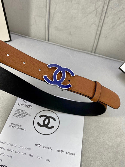 CC 30MM BELT IN BRONZE BROWN GRAINED CALFSKIN WITH NAVY BLUE METAL LOGO