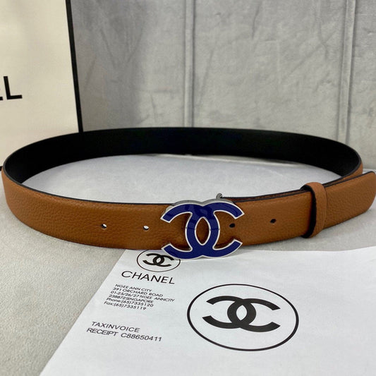 CC 30MM BELT IN BRONZE BROWN GRAINED CALFSKIN WITH NAVY BLUE METAL LOGO