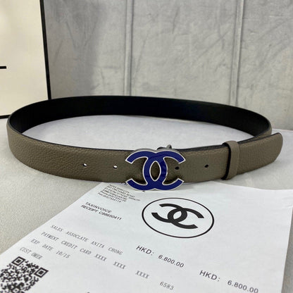 CC 30MM BELT IN MOCHA BROWN GRAINED CALFSKIN WITH NAVY BLUE LOGO