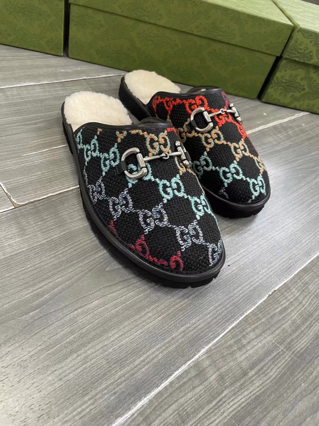GG SUPREME MULE IN COLORFUL CANVAS AND WOOL LINING