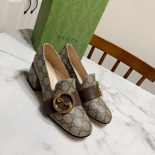GUCCI 26S BLONDIE HIGH HEELS 55 MM IN DARK BEIGE CANVAS AND CALFSKIN