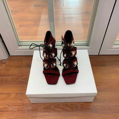 BALMAIN 25S HIGH HEELS 95MM IN OXBLOOD SUEDE WITH PEARL