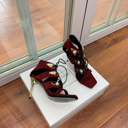 BALMAIN 25S HIGH HEELS 95MM IN OXBLOOD SUEDE WITH PEARL