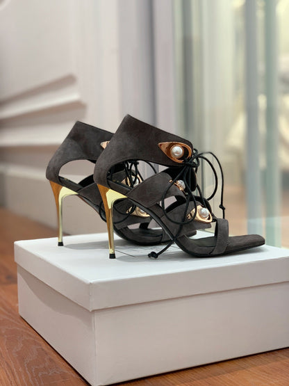 BALMAIN 25S HIGH HEELS 95MM IN CHARCOAL BROWN SUEDE WITH PEARL