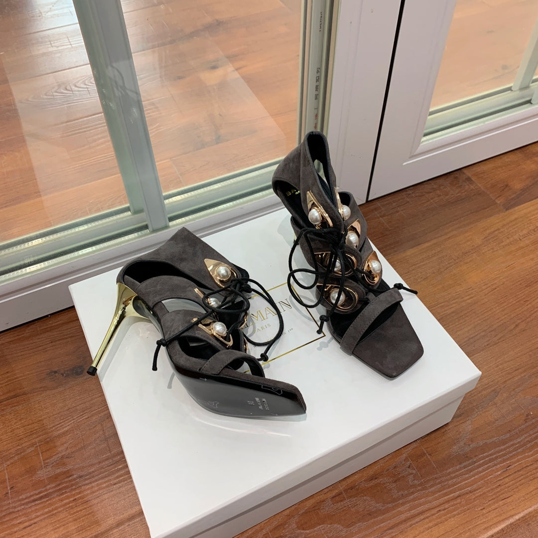 BALMAIN 25S HIGH HEELS 95MM IN CHARCOAL BROWN SUEDE WITH PEARL