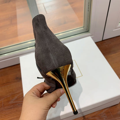 BALMAIN 25S HIGH HEELS 95MM IN CHARCOAL BROWN SUEDE WITH PEARL