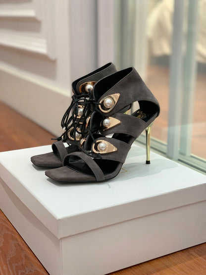 BALMAIN 25S HIGH HEELS 95MM IN CHARCOAL BROWN SUEDE WITH PEARL