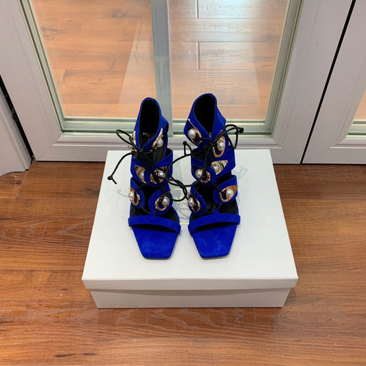 BALMAIN 25S HIGH HEELS 95MM IN DARK BLUE SUEDE WITH PEARL