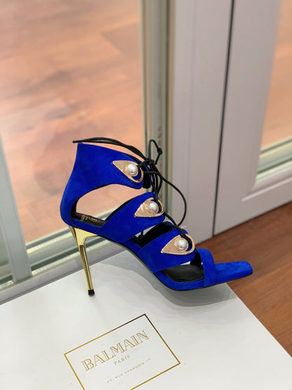 BALMAIN 25S HIGH HEELS 95MM IN DARK BLUE SUEDE WITH PEARL