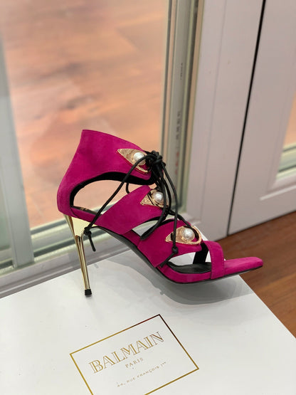BALMAIN 25S HIGH HEELS 95MM IN FUCHSIA SUEDE WITH PEARL