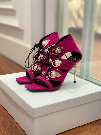 BALMAIN 25S HIGH HEELS 95MM IN FUCHSIA SUEDE WITH PEARL