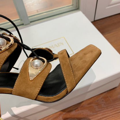 BALMAIN 25S HIGH HEELS 95MM IN DARK BROWN SUEDE WITH PEARL