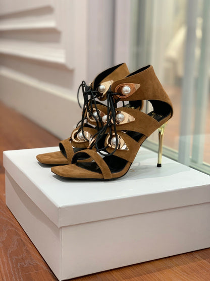 BALMAIN 25S HIGH HEELS 95MM IN DARK BROWN SUEDE WITH PEARL