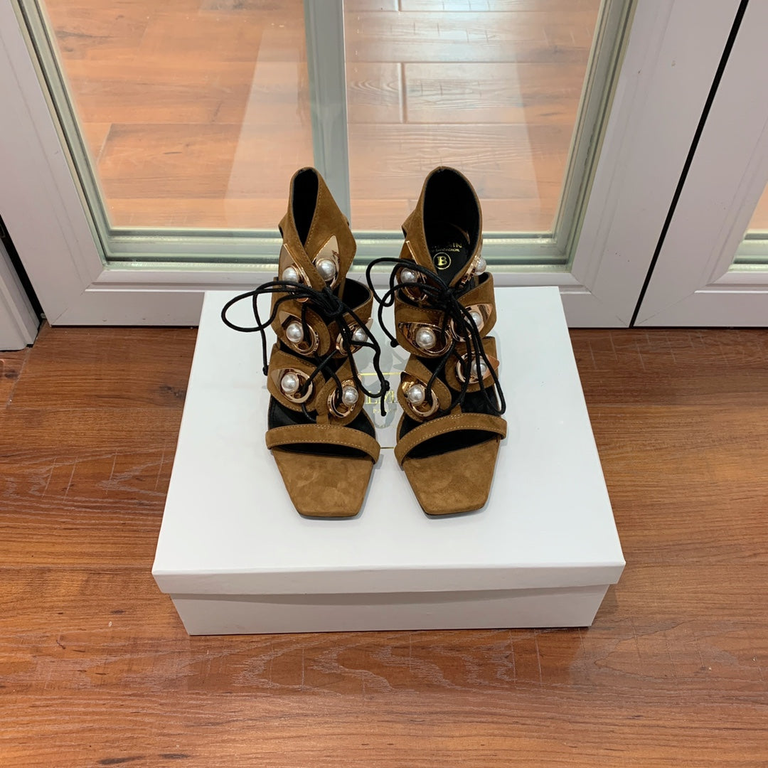 BALMAIN 25S HIGH HEELS 95MM IN DARK BROWN SUEDE WITH PEARL