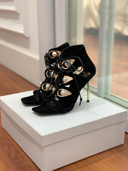 BALMAIN 25S HIGH HEELS 95MM IN BLACK SUEDE WITH PEARL