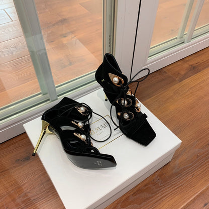 BALMAIN 25S HIGH HEELS 95MM IN BLACK SUEDE WITH PEARL