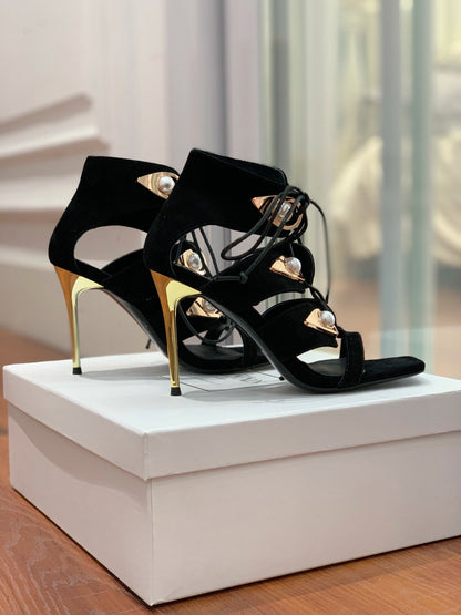 BALMAIN 25S HIGH HEELS 95MM IN BLACK SUEDE WITH PEARL