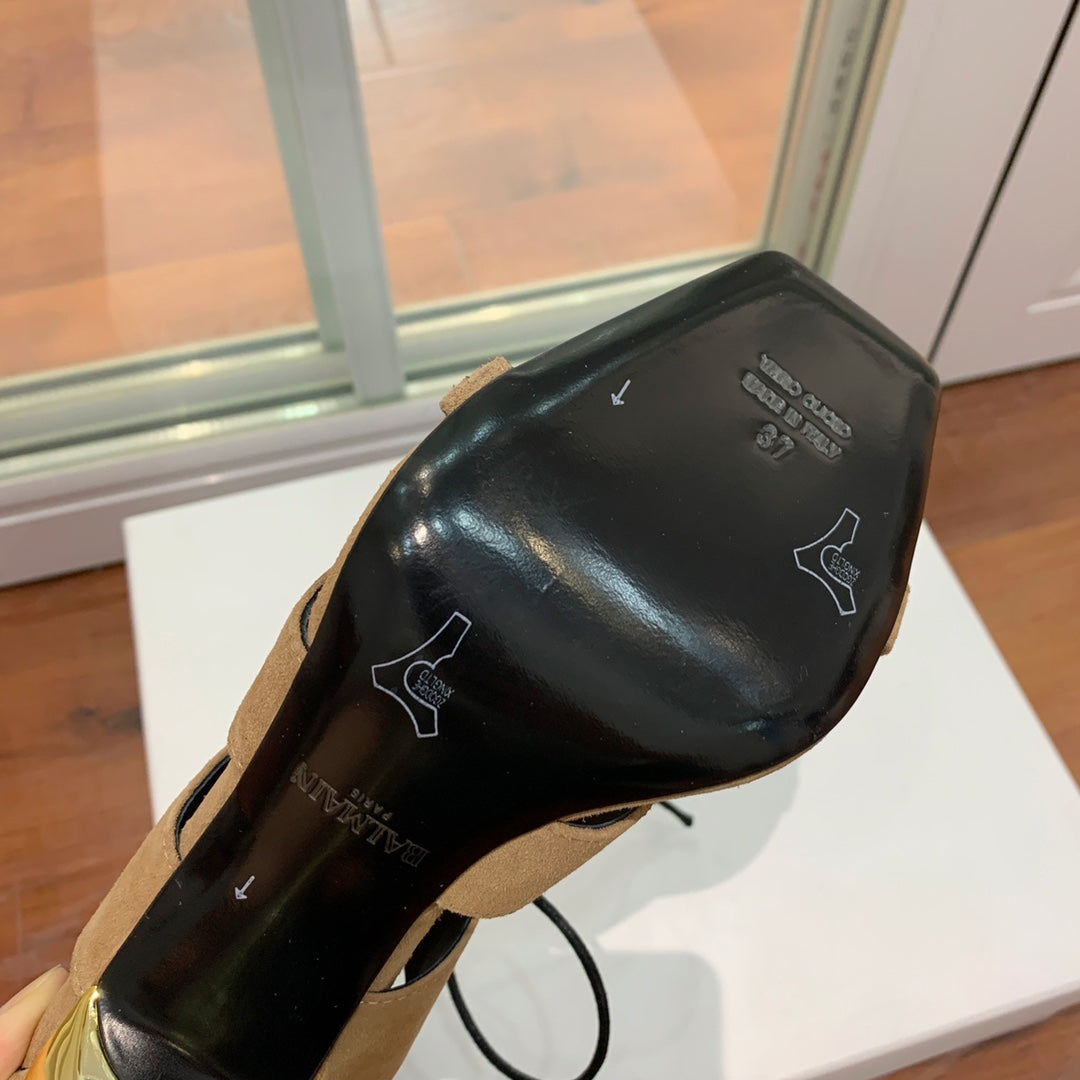 BALMAIN 25S HIGH HEELS 95MM IN LIGHT BROWN SUEDE WITH PEARL