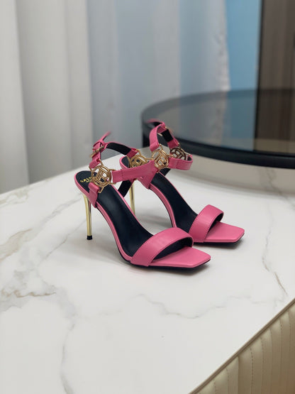 BALMAIN 25S HIGH HEELS WITH B METAL DETAIL 95MM IN PINK CALFSKIN